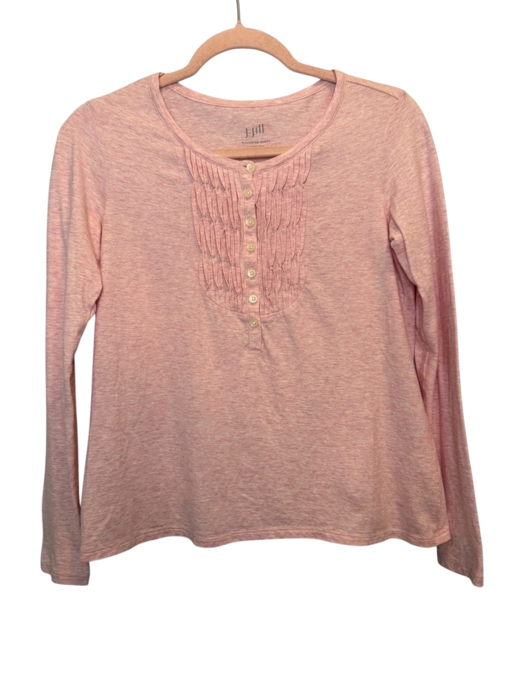 J. Jill Pleated Bib Henley Long Sleeve Shirt Top Pink XS Petite 100% Cotton